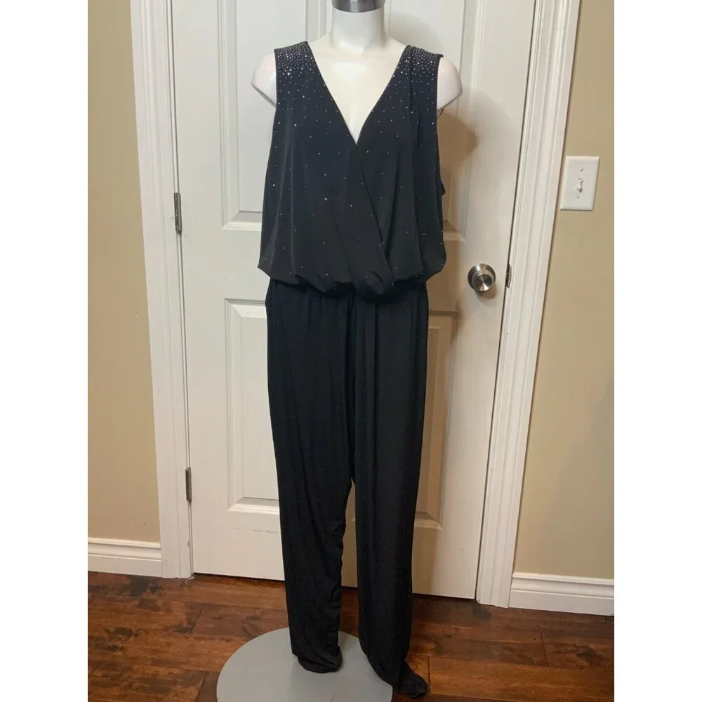 Michael Kors Black Sleeveless Belted Jumpsuit Jewel Sequins NWT $170, Size 2X